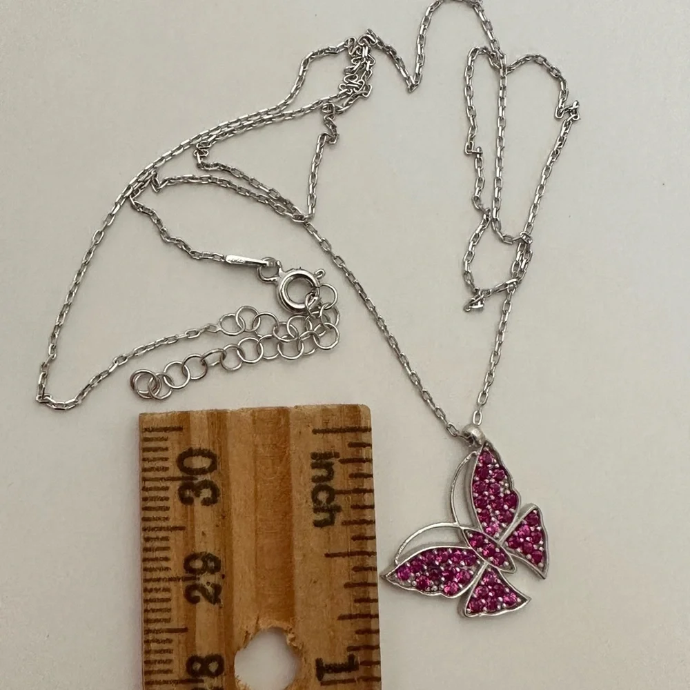925 Silver pink cz butterfly necklace